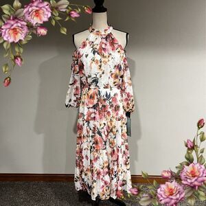 Sam And Jess 3/4 Sleeve Cold Shoulder Floral Midi Fit + Flare Dress